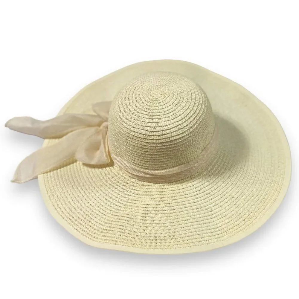 Extra Wide Brim Chin Strap Linen Band Straw Sun Hat - NWT